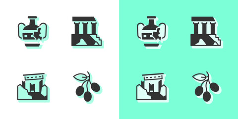 Sticker - Set Olives branch, Broken amphorae, Ancient ruins and Parthenon icon. Vector