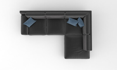 Sticker - Top view of a 3D rendered modern corner sofa of dark gray color on a white background