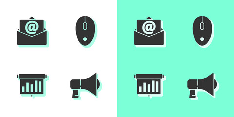 Poster - Set Megaphone, Mail and e-mail, Board with graph chart and Computer mouse icon. Vector