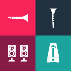 Poster - Set pop art Metronome with pendulum, Stereo speaker, Clarinet and icon. Vector