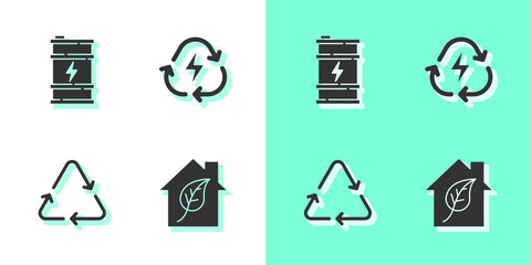 Wall Mural - Set Eco friendly house, Bio fuel barrel, Recycle symbol and Battery with recycle icon. Vector