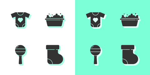 Sticker - Set Baby socks clothes, , Rattle baby toy and bathtub icon. Vector