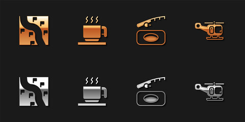 Poster - Set Route location, Hot chocolate cup, Winter fishing and Rescue helicopter icon. Vector