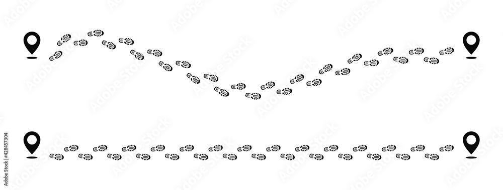 Visualize Footsteps Tracking GPS routes with pin map. Step footprints paths. Human walking ...