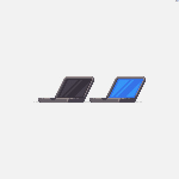Two pixel art laptop icons with screen turned off and with blue screen