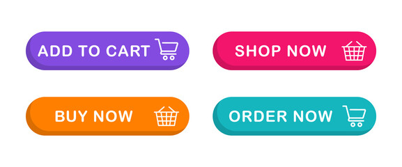 Wall Mural - Shopping buttons with cart icon. Add to cart button. Buy now button for online shop. Order now icon. Vector illustration.