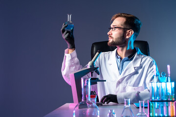 doctor laboratory assistant works with a microscope. medic while working in lab. medical laboratory 