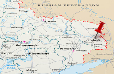  Map showing Luhansk, Ukraine with a Red Pin. 3D Rendering