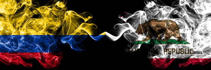 Colombia, Colombian vs United States of America, America, US, USA, American, California, Californian smoky mystic flags placed side by side. Thick colored silky abstract smokes flags.