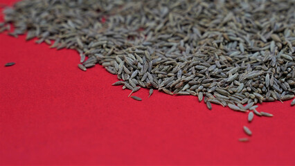 Sticker - Closeup of a pile of dry cumin seeds on the red surface - space for text