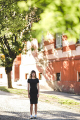 Poster - Attractive blonde hair Caucasian female in a black dress posing in the park