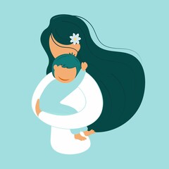 Wall Mural - Motherhood theme. Loving mom and baby hug. Young mother with baby in her arms.Blue isolated background. Flat design. Dedicated to Mother's Day