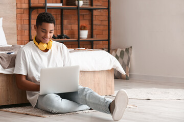African-American student studying online at home