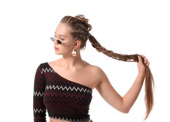 Canvas Print - Beautiful young woman with braided hair on white background