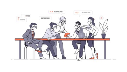 Aufkleber - Work team. Office workers meeting and brainstorming. Employee characters wearing protective masks. Covid-19 prevention. Men and women sitting at table and communicate. Vector teamwork