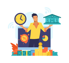 Poster - Online mobile bank. Digital banking service concept. Fintech advertising design. Financial transactions and payments. Successful investments or savings. Vector man with money banknotes