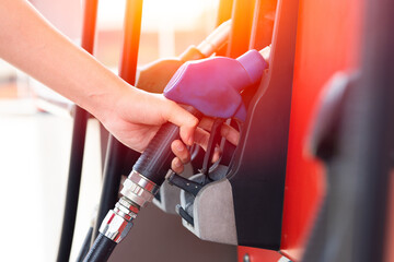 Wall Mural - Worker hand at Gas station handle fuel nozzle at fuel dispensers for filling car engine gasoline