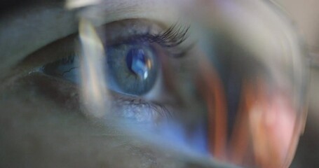 Fototapete - Person Glasses Looks Screen Flicker Close Up Eye Internet Addiction Browsing Late Night Online Trading Stock Market Business Ideas Financial Project Businessman Analyzing Data Reflection Hacker Crime 
