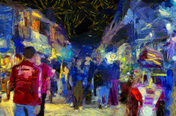 Naklejka na meble Landscape of the market at night, community market along the Mekong River Illustrations creates an impressionist style of painting.