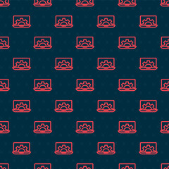 Red line Software, web development, programming concept icon isolated seamless pattern on black background. Programming language and program code on screen laptop. Vector