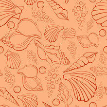 Shells, Bubbles Seamless Pattern For Fabric, Textile, Apparel, Interior, Stationery, Wrapping Paper, Scrapbooking. Trendy Marine Endless Texture. Exotic Ocean Shells Contours