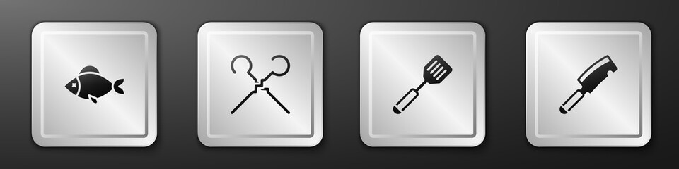 Set Fish, BBQ skewers, Spatula and Meat chopper icon. Silver square button. Vector