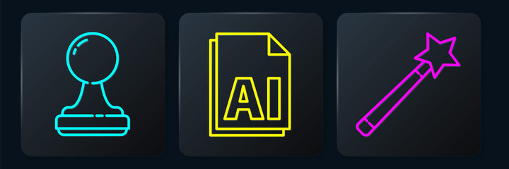 Poster - Set line Stamp, Magic wand and AI file document. Black square button. Vector
