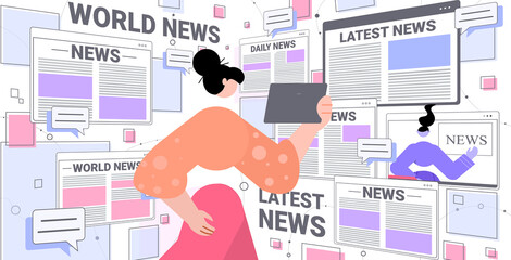 Poster - woman reading daily news on tablet pc newspaper press network concept horizontal