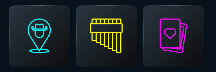 Poster - Set line Location cowboy, Deck of playing cards and Pan flute. Black square button. Vector