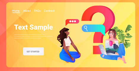 Poster - people communicating near question mark online consultation client support center concept