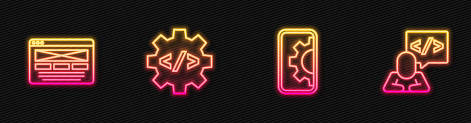 Set line Web development, UI or UX design, Front end and . Glowing neon icon. Vector