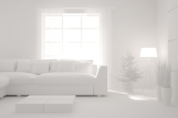 White minimalist living room with sofa. Scandinavian interior design. 3D illustration