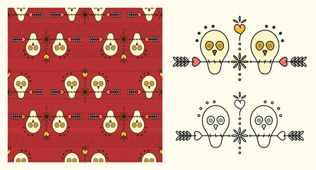 Skull original ornament template for ribbon, sticker, label, poster, decoration and skulls seamless background template.