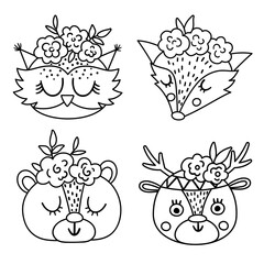 Poster - Set of vector cute wild animal black and white faces with flowers on their heads. Boho forest avatars collection. Funny line illustration of owl, bear, deer, fox for kids. Woodland icons pack .