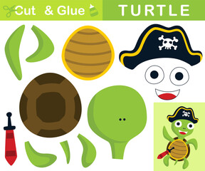 Wall Mural - Cute turtle wearing pirate hat while carrying sword. Education paper game for children. Cutout and gluing. Vector cartoon illustration