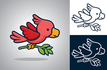 Wall Mural - Cute bird flying while carrying leaf in its feet. Vector cartoon illustration in flat icon style