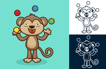 Sticker - Cute monkey juggling colorful balls. Vector cartoon illustration in flat icon style