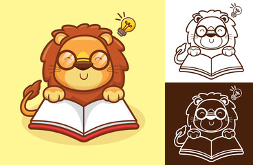 Wall Mural - Cute lion reading a book use eyeglasses with lightbulb on its head. Vector cartoon illustration in flat icon style