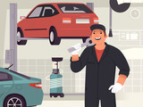 Man auto mechanic in front of a car service or auto repair shop. Character of a smiling guy with a wrench. Vector illustration