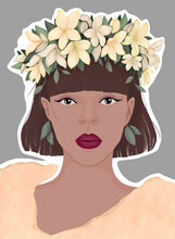 Blonde Woman In A Wreath Of Blue Flowers.  Flat Modern Illustration. For Poster, Magazine Cover, Book, Postcard.