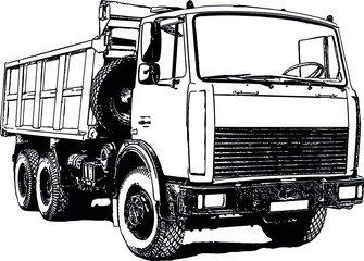 Vector black and white image of industrial truck with trailer for cargo transportation

