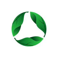 Leaf circle graphic. Three green leaves in a circle. Biodegradable or compostable icon. Sustainability or recycle concept logo. Reduce, reuse, recycle. Environment. Vector illustration, flat, clip art