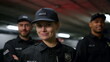 Smiling policewoman looking at camera. Police officer posing with colleagues