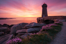 The Ploumanac'h Lighthouse At Sunset, Brittany, France