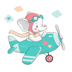 Vector illustration of a cute baby elephant, flying on a green plane.