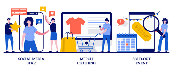 Poster - Social media star, merch clothing, sold-out event concept with tiny people. Celebrity media engagement vector illustration set. Account monetization, branded design, show overbooking metaphor.