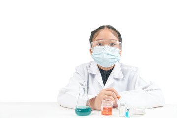 Wall Mural - clittle scientists with glassware and erlenmeyer flask isolated on white