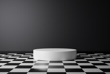 Abstract Product Background And Checkered Pattern Flooring On Dark Room Pedestal Or White Podium With Backdrops Display. 3D Rendering.