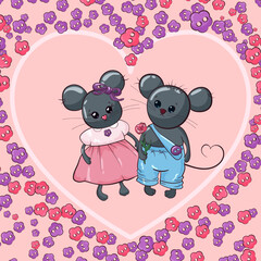  Banner postcard enamored mice in cartoon style. Cute mouse gives a flower to a friend
