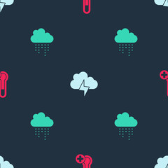 Poster - Set Meteorology thermometer, Storm and Cloud with rain on seamless pattern. Vector